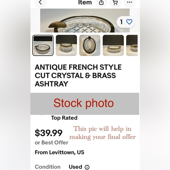 Antique French style crystal ashtray set (3) with hand (cigarette holder) & trim - Picture 12 of 15